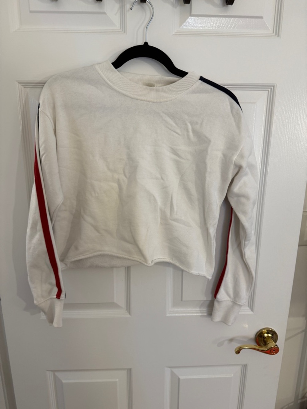 Forever 21 White Cropped Sweatshirt with Red Sleeve Stripes